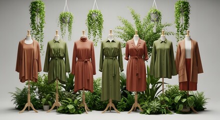Clothing display in natural light with plants and mannequins indoors
