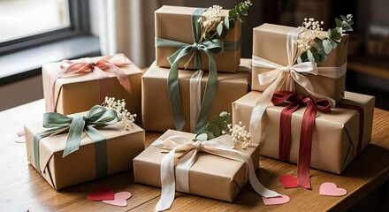 A collection of beautifully wrapped gifts with ribbons and floral accents, arranged on a wooden surface.