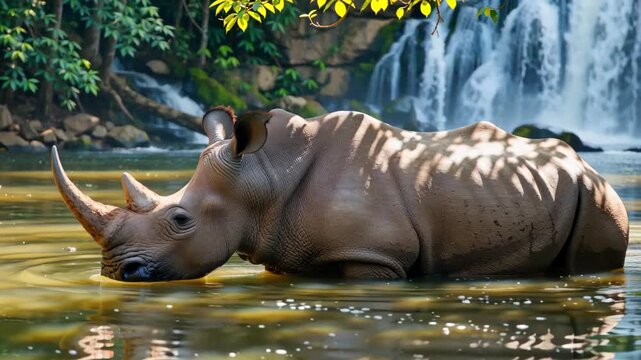 Majestic rhinoceros wading in tranquil waters surrounded by lush foliage and cascading waterfall