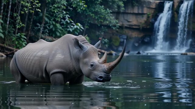 A majestic rhinoceros wading through tranquil waters near a lush green forest with cascading waterfalls in the background