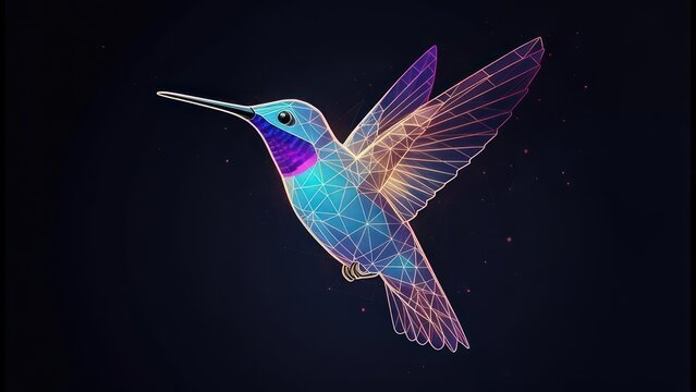 Low-poly hummingbird in flight, vibrant colors, dark background - Powered by Adobe