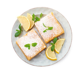 Tasty lemon bars with powdered sugar, mint and fresh fruits isolated on white, top view