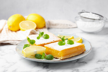 Tasty lemon bars with powdered sugar, mint and fresh fruits on white marble table, closeup