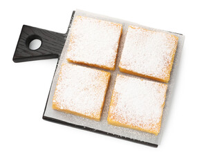 Tasty lemon bars with powdered sugar isolated on white, top view