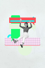 3d pop zine image photo art collage of happy girl guy stand bubble communication speech icon chatterbox dialogue message