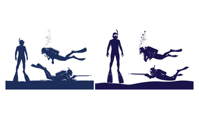 Underwater diving and spearfishing vector silhouettes set sport