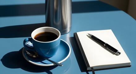 Blue coffee cup and notebook with pen on blue table saucer spoon