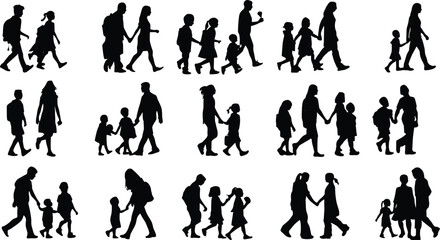 Black silhouettes of families and children walking together holding hands family