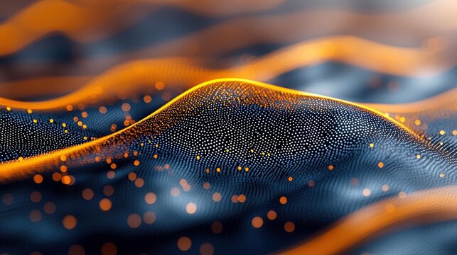 An abstract digital visualization featuring a dark, textured surface with glowing orange wave-like forms and scattered bright particles, creating a sense of dep