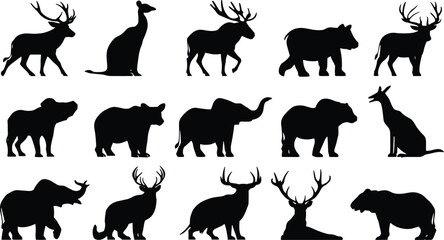 Collection of black animal silhouettes including deer elephants bears and a llama on white background