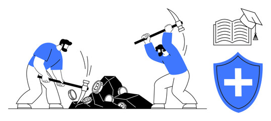 Two men using hammer and pickaxe on rocks, alongside shield and book symbols for protection, knowledge. Ideal for teamwork, labor, education, health, development, perseverance security simple flat