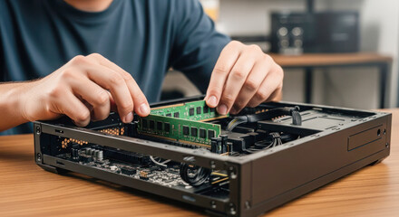 Individual is installing RAM modules into a computer case on a wooden desk, showcasing the process of computer hardware assembly and maintenance