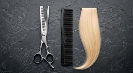 Hairdressing tools including scissors, comb, and long blonde hair strand arranged on textured dark surface for beauty and styling concepts