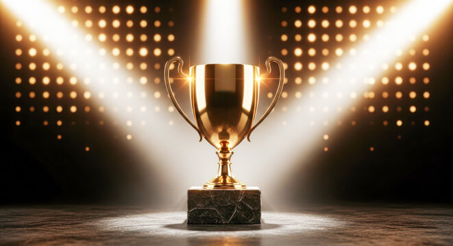 Golden trophy on a marble pedestal illuminated by dramatic spotlighting, symbolizing achievement and success in competitive events and celebrations