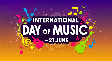 International Day of Music: Vibrant Instruments and Notes on a Purple-Orange Glow Celebrating Global Rhythm and Harmony &ndash; June 21