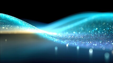 Abstract flowing wave of blue and gold light particles against a dark background, creating a sense of motion and energy.