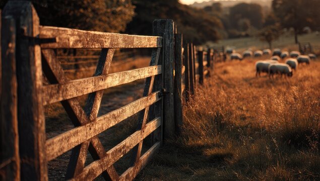 Rustic wooden gate in a golden pasture. Sheep graze beyond