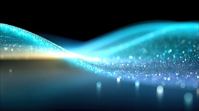 Abstract flowing wave of blue and gold light particles against a dark background, creating a sense of motion and energy.