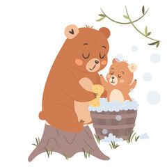 Cute cartoon mama bear bath time with kid illustration for Mothers day