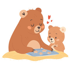 Cute cartoon mama bear making cookies with kid illustration for Mothers day