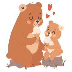 Cute cartoon mama bear eating ice cream with kid illustration for Mothers day