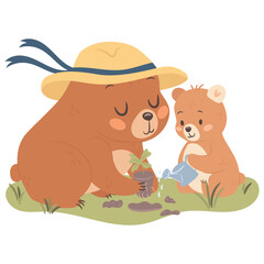 Cute cartoon mama bear gardening time with kid illustration for Mothers day