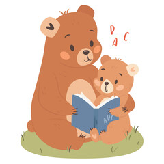 Cute cartoon mama bear reading time with kid illustration for Mothers day
