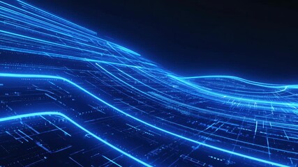 Abstract blue light trails flowing across a dark surface creating a wave - Powered by Adobe