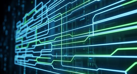 Abstract digital circuit board with glowing blue and green lines on a dark background, representing data flow and technology.