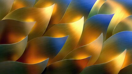 An abstract composition featuring overlapping, curved shapes with a metallic sheen, illuminated by warm golden light, creating a sense of depth and movement.