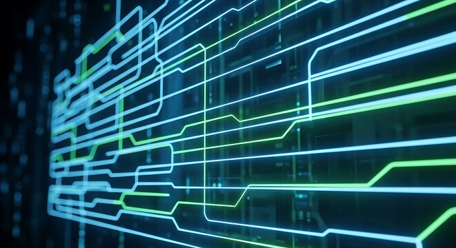 Abstract digital circuit board with glowing blue and green lines on a dark background, representing data flow and technology.