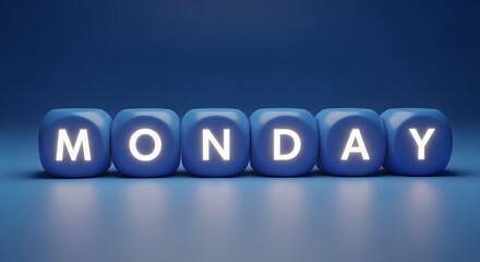 Blue dice spelling out the word Monday with glowing white letters day of the week
