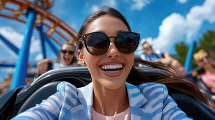 happy smiling business woman in a suit enjoying a thrilling roller coaster ride on a sunny day