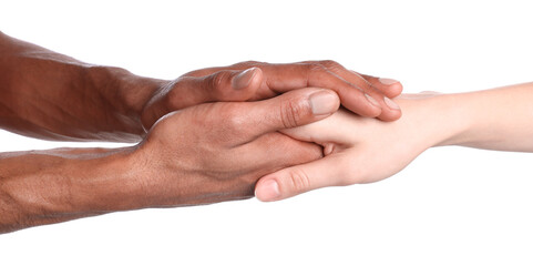 Fototapeta premium African-american man holding hands with woman on white background, closeup