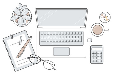 ノートPCとコーヒーのデスクレイアウト｜在宅ワーク・ビジネス・休憩時間