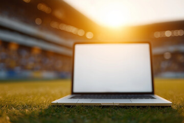 Close-up of a silver laptop on green stadium turf with bright golden light.