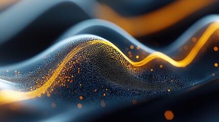 An abstract visualization of digital waves composed of tiny particles, with glowing orange lines and scattered bokeh lights, set against a dark, undulating back