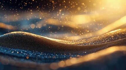 Abstract flowing waves with glittering particles, illuminated by warm golden light against a dark background.