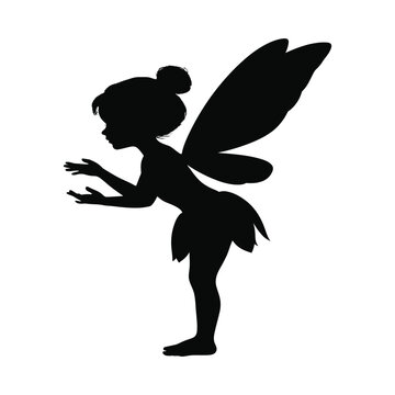 Black vector silhouette illustration of a dancing woman with fairy and angel wings