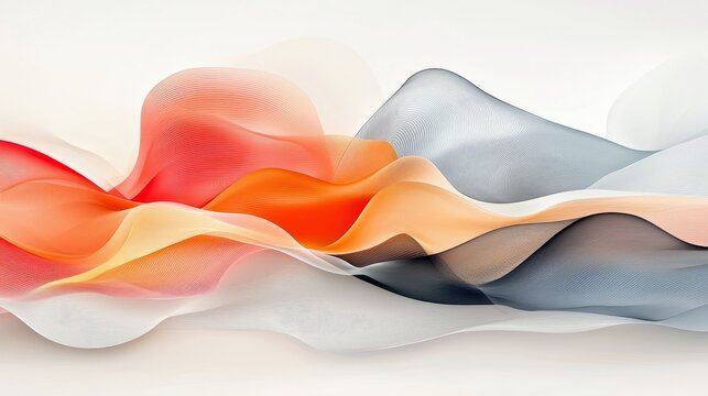 Abstract background featuring flowing, layered waves of translucent fabric in warm orange, red, and yellow hues contrasted with cool grey and white. Soft, diffu
