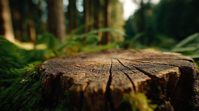 Weathered tree stump platform edged with bright green moss in a sunlit woodland. - Powered by Adobe