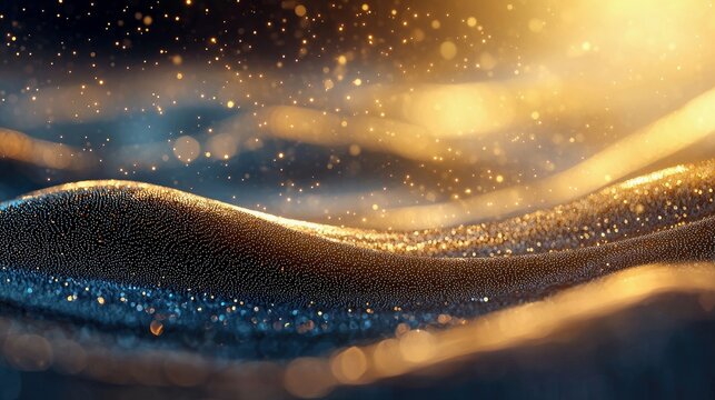 Abstract flowing waves with glittering particles, illuminated by warm golden light against a dark background.