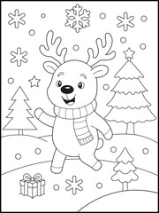 Adorable Holiday Coloring Page for Kids. Cute Christmas Reindeer Walking in Snow. Festive Line Art for Children