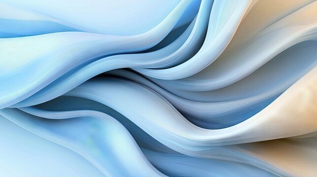 Abstract flowing waves of light blue and beige fabric with soft lighting, creating a sense of gentle movement and fluidity.