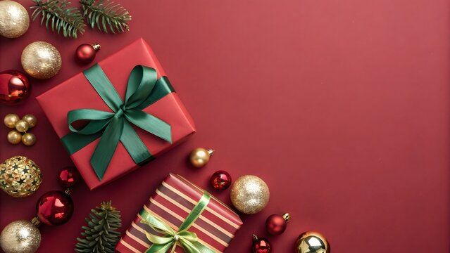 Christmas gifts, red and striped, with green and gold ribbons, surrounded by sparkling red and gold baubles and pine branches on a vibrant red background