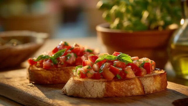 Golden Hour Bruschetta Topped With Fresh Diced Tomatoes And Basil Garnishes Served On A Rustic Wooden Board With Olive Oil Decanter In Background