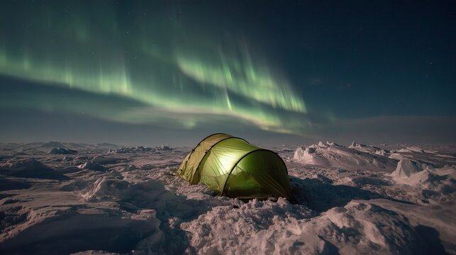 Incredible aurora borealis over a tent pitched on a snowy expanse under a starlit night sky creating a magical camping experience in the Arctic