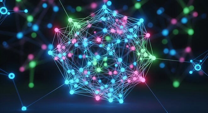 Abstract visualization of a complex network of glowing nodes and interconnected lines, representing data or artificial intelligence.