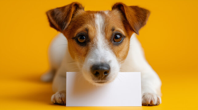 Jack Russell Terrier puppy holding a blank white message card against a vibrant orange studio color