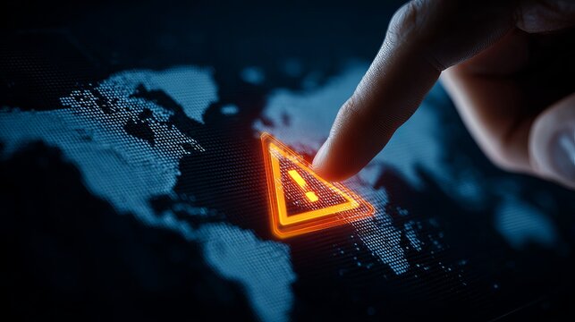 Urgent global alert triggered on interactive world map with finger pressing the danger sign for cybersecurity threat awareness and risk management